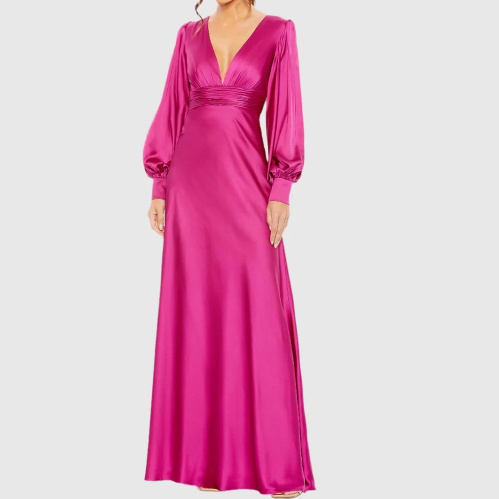Mac Duggal Pink Charmeuse Bishop Sleeve V Neck Gown